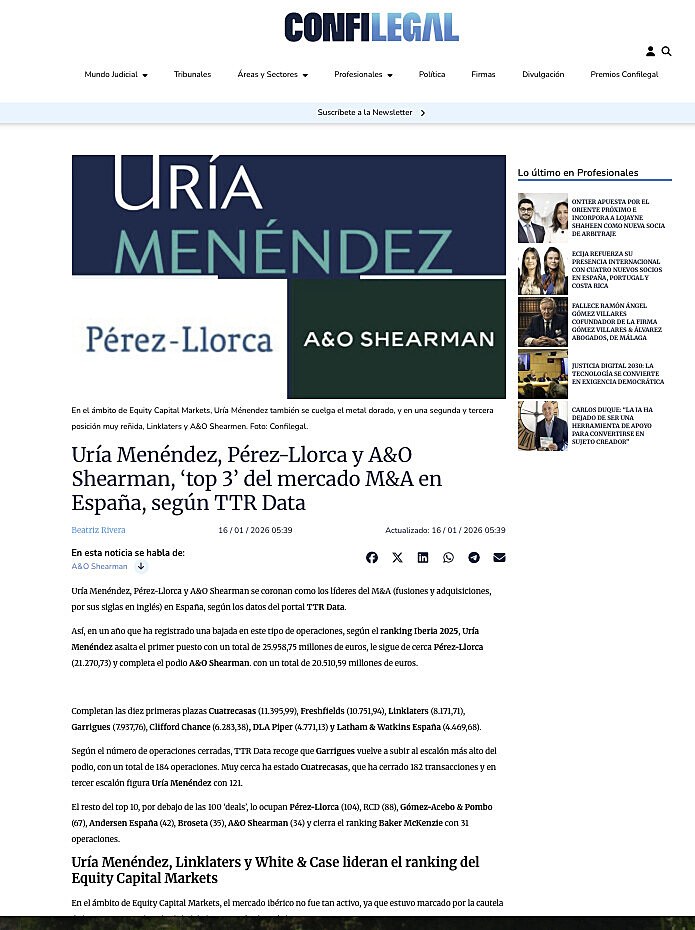 Ur�a Men�ndez, P�rez-Llorca y A&O Shearman, �top 3� del mercado M&A en Espa�a, seg�n TTR Data